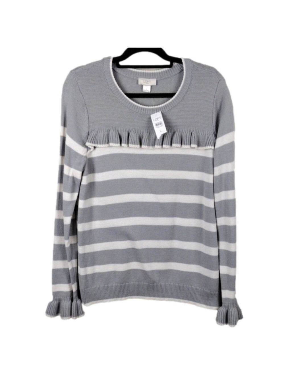 Loft Grey White Striped Pleated Scoop Neck Long Sleeve Pullover Knit Sweater Top